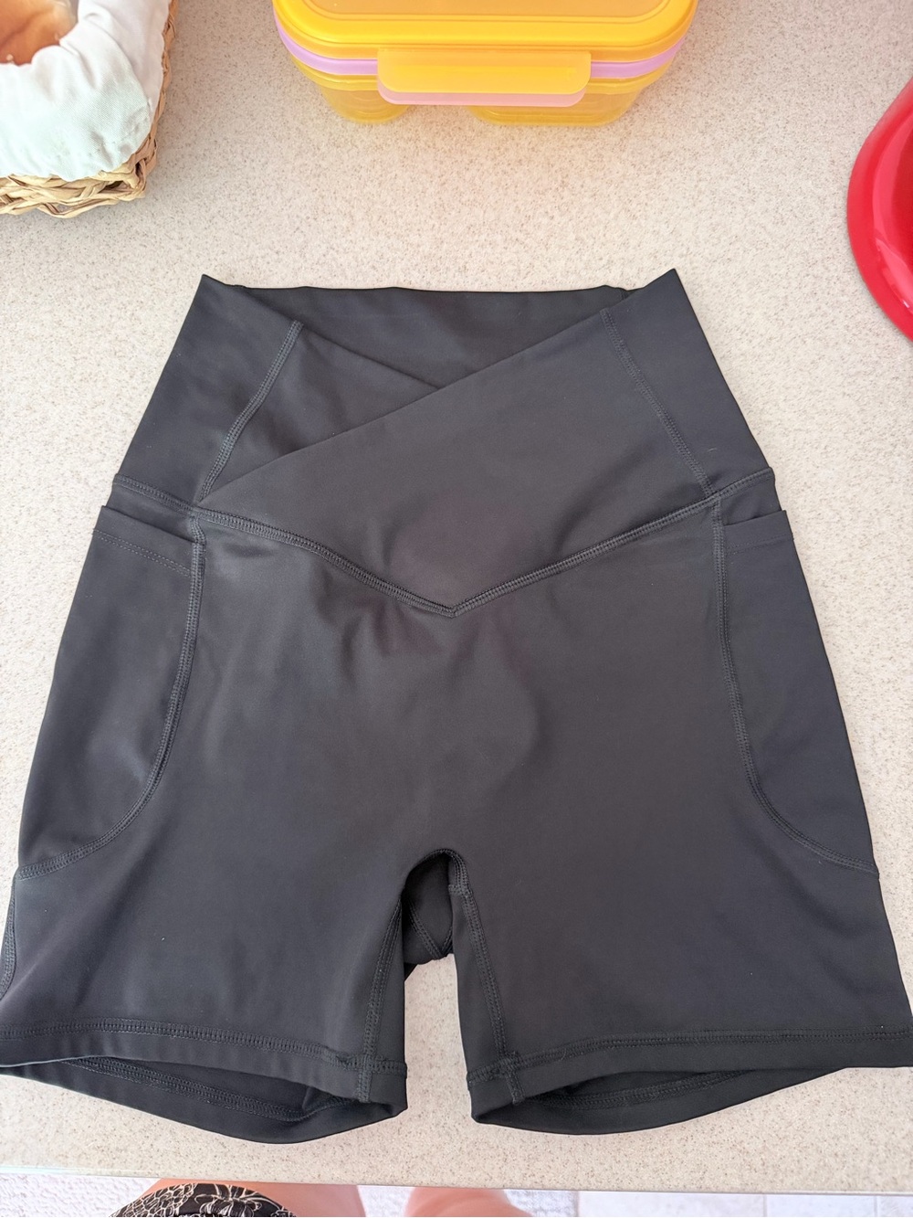 High-Rise Black Bike Shorts with V-Waistband and Pockets